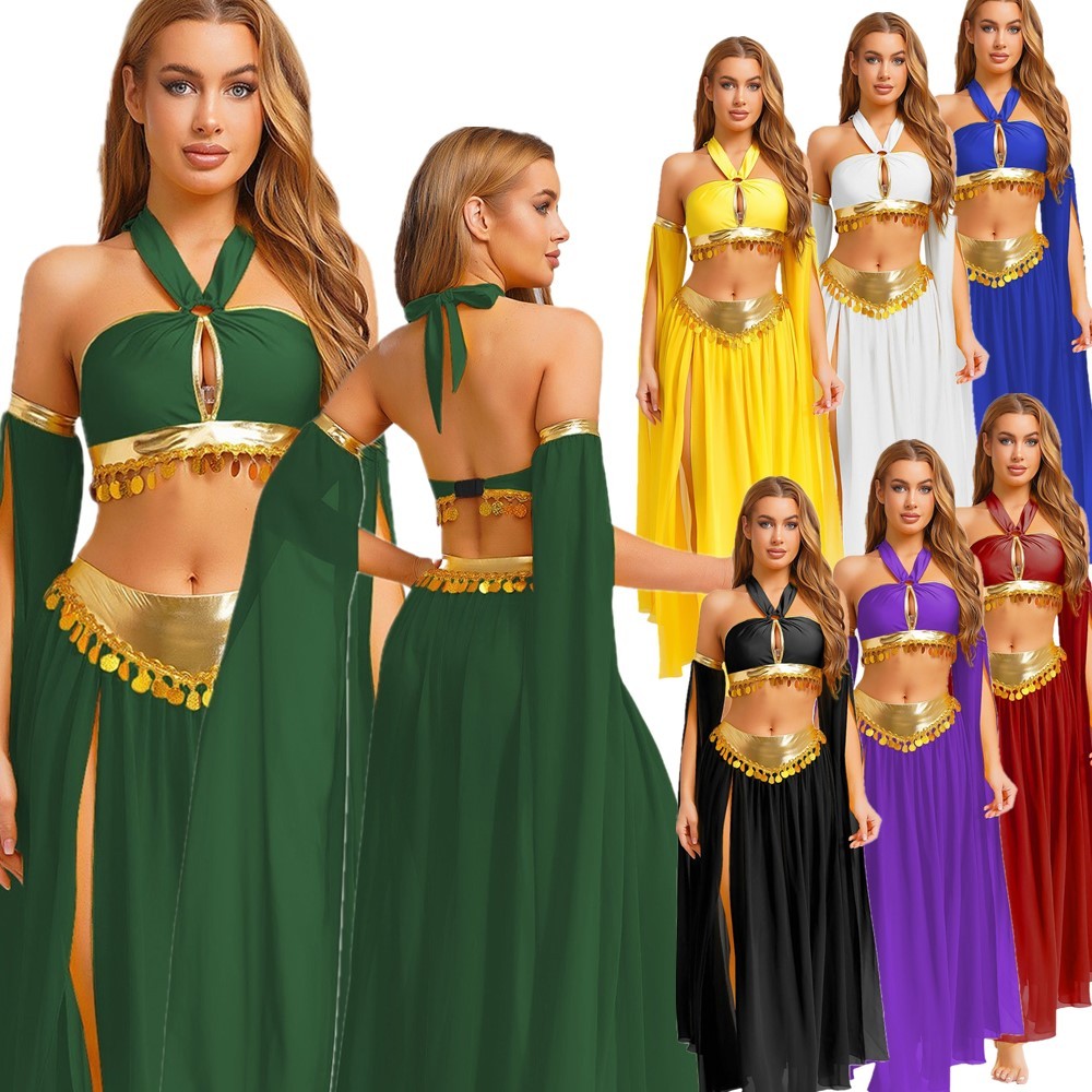 US Women Sexy Arabian Princess Belly Dance Halter Bra Top +Split Skirts +Sleeves
