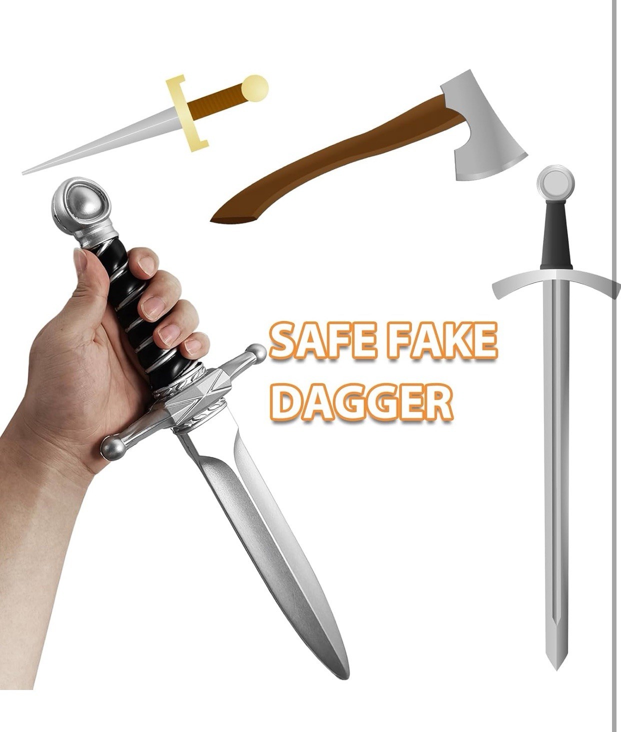 15″ PU Hard Foam Short Sword Prop, Sturdy Fake Dagger 1 Pack, Silver Shows/Plays