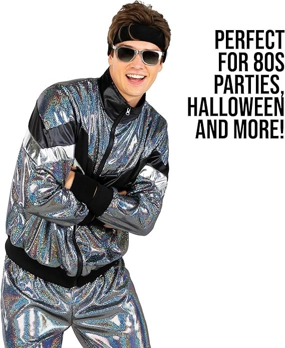 Men`s Shiny 80`s Tracksuit Costume Adult Silver Retro Silver Suit Halloween
