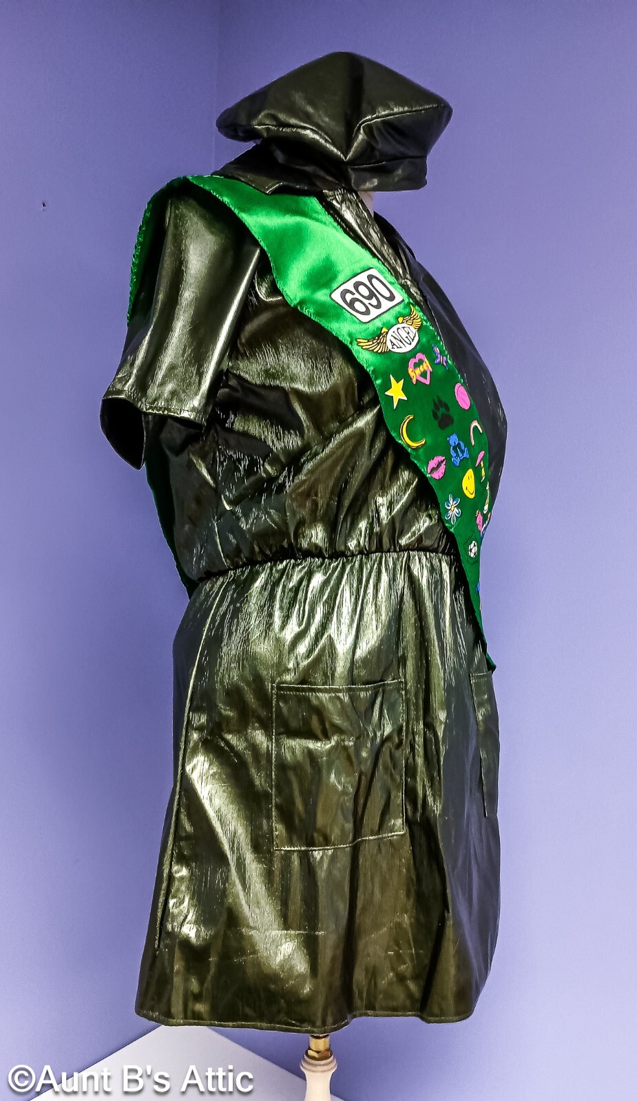 Sexy Scout Ladies Green Poly Vinyl Zip Front Dress W/ Satin Sash & Beret OS