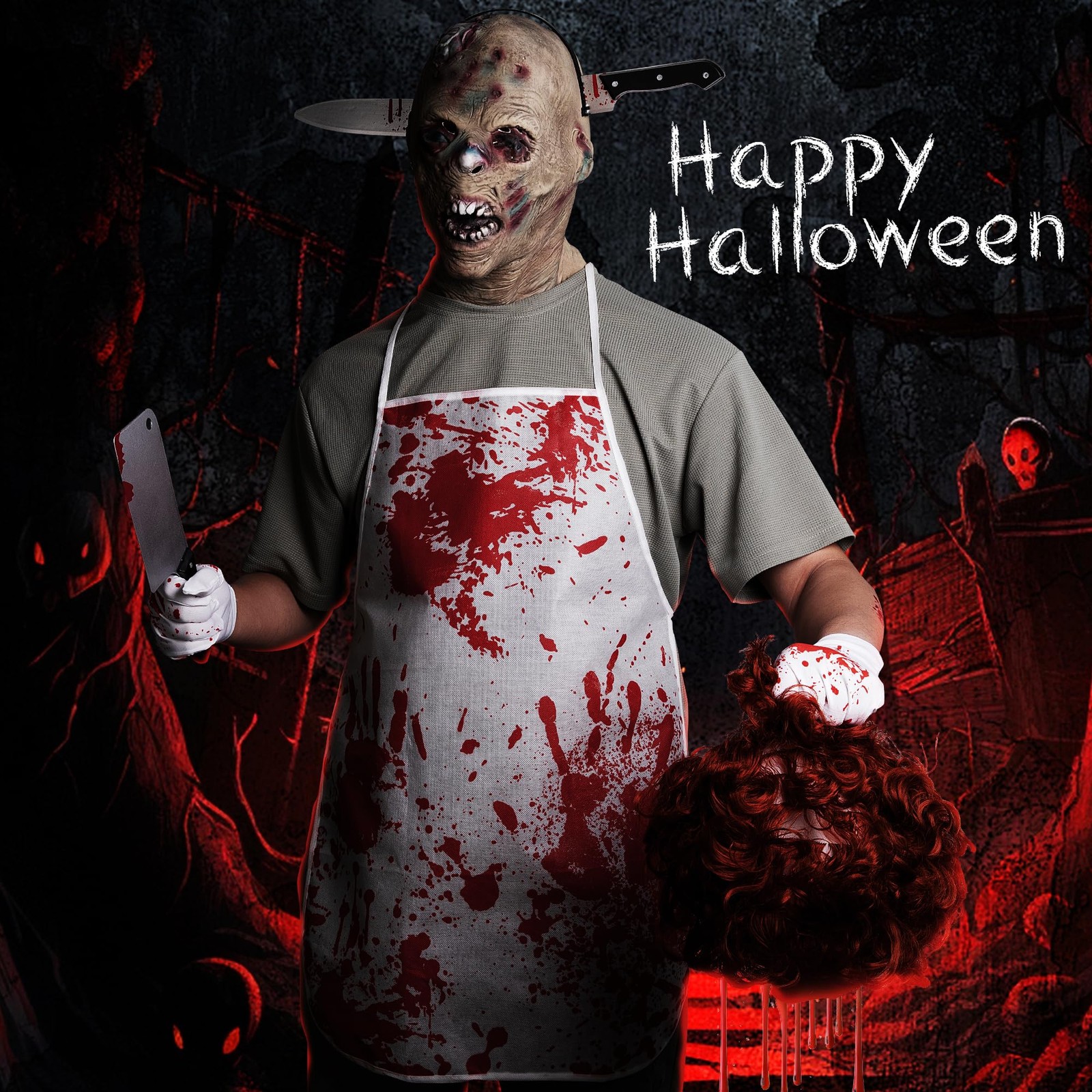 Halloween Butcher Chef Costume Set Apron Gloves Prop Knife Tattoo Sticker