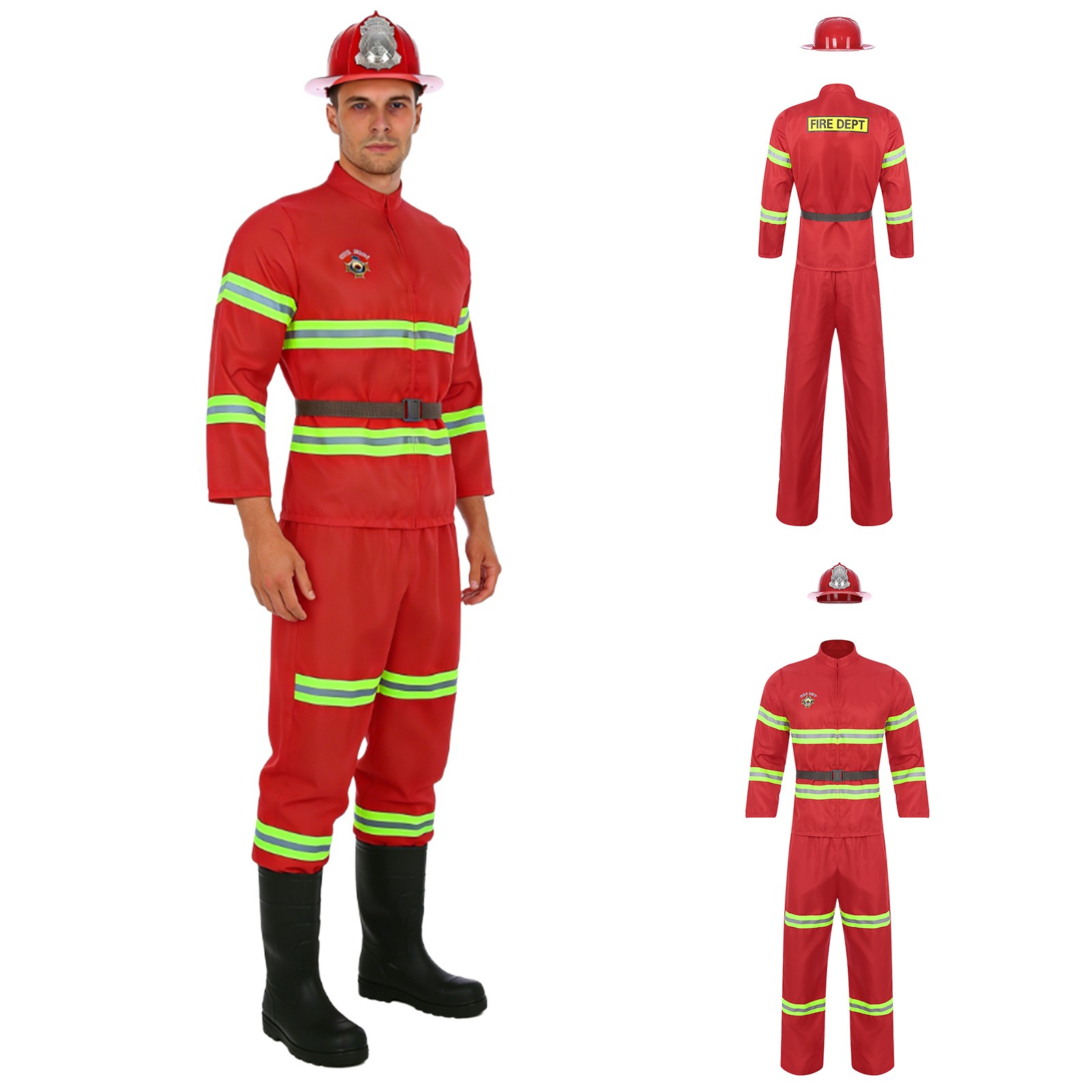 Mens 4-piece Suit Themed Party Fire Chief Costume Cosplay Firefighter Dress Up
