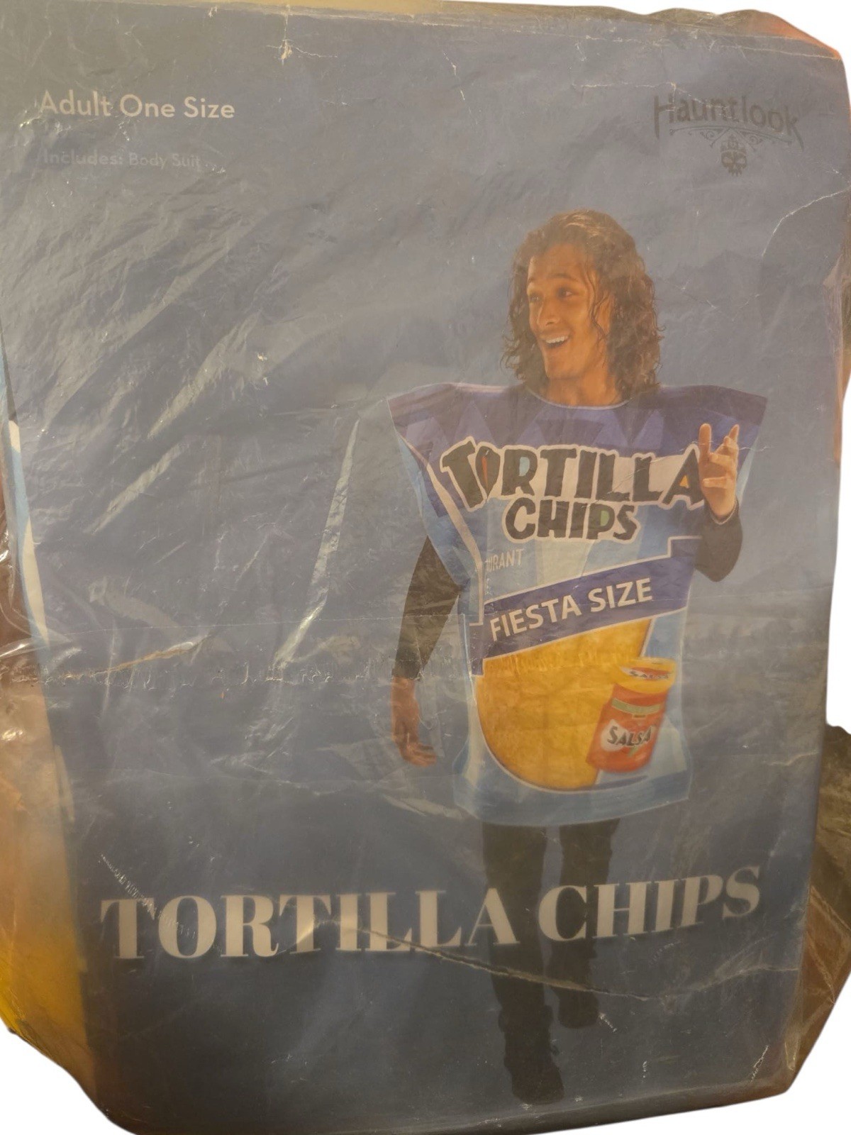 Rasta Imposta Bag of tortilla chips, corn costume with corn chips, appetizers