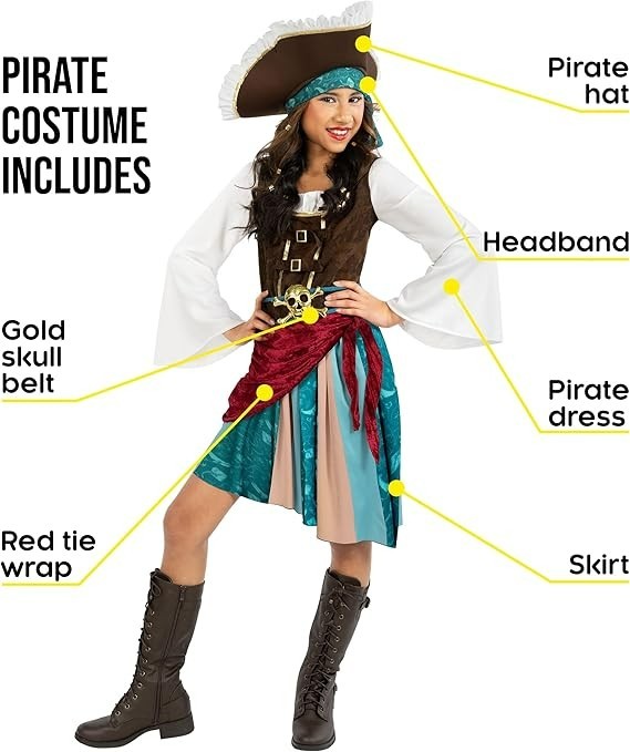 Girls Pirate Captain Costume Kids Caribbean Buccaneer Dress & Hat 4 – 14 Yrs