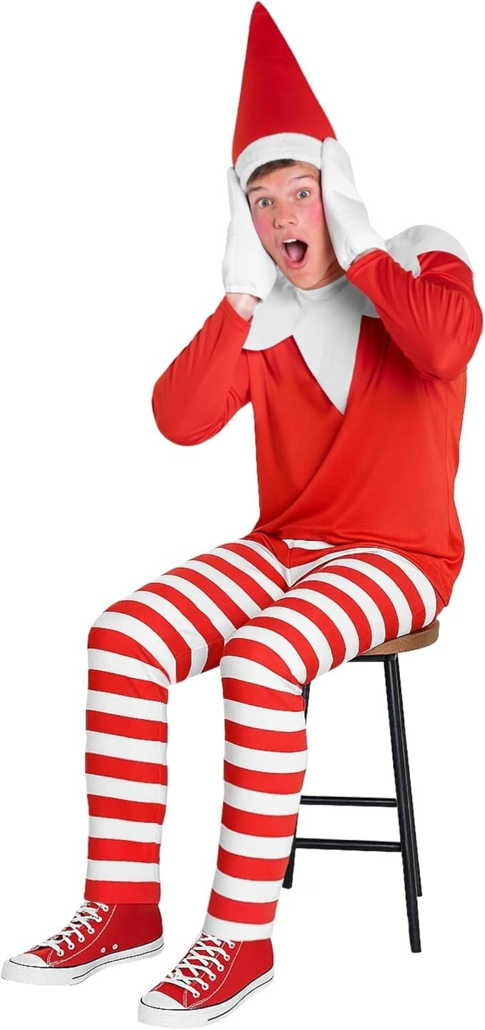 Men`s Naughty Elf Costume Adult Santa`s Helper Suit Cane Christmas Holiday M-3XL