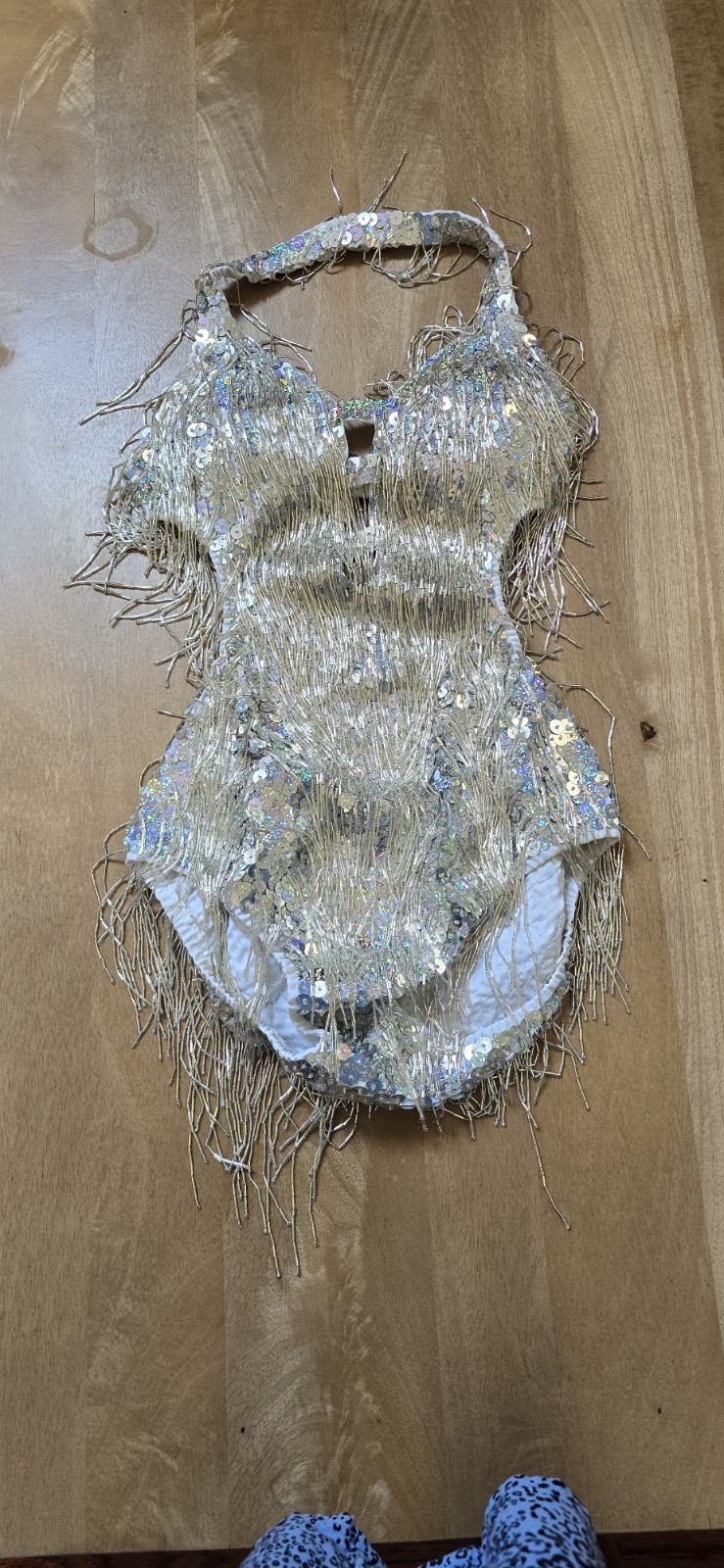 Silver Sequin Bead Fringe Performance Bodysuit Adult L Pop Star Stage Costume
