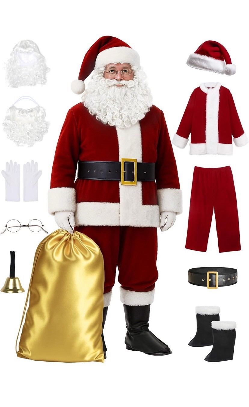 Men’s Deluxe 11pc Professional Santa Suit Velvet Christmas Costume Adult Outfit
