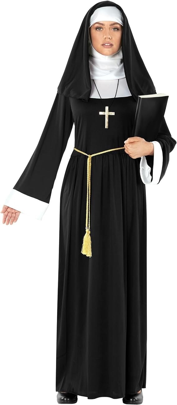 Women`s Black Nun Costume + Cross S – 3XL Ladies Sister Mother Halloween Robe