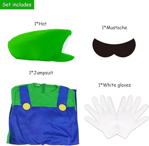 HEYFIZZ Boys Plumber Halloween Jumpsuit Costume with Accessory Set, Green, M