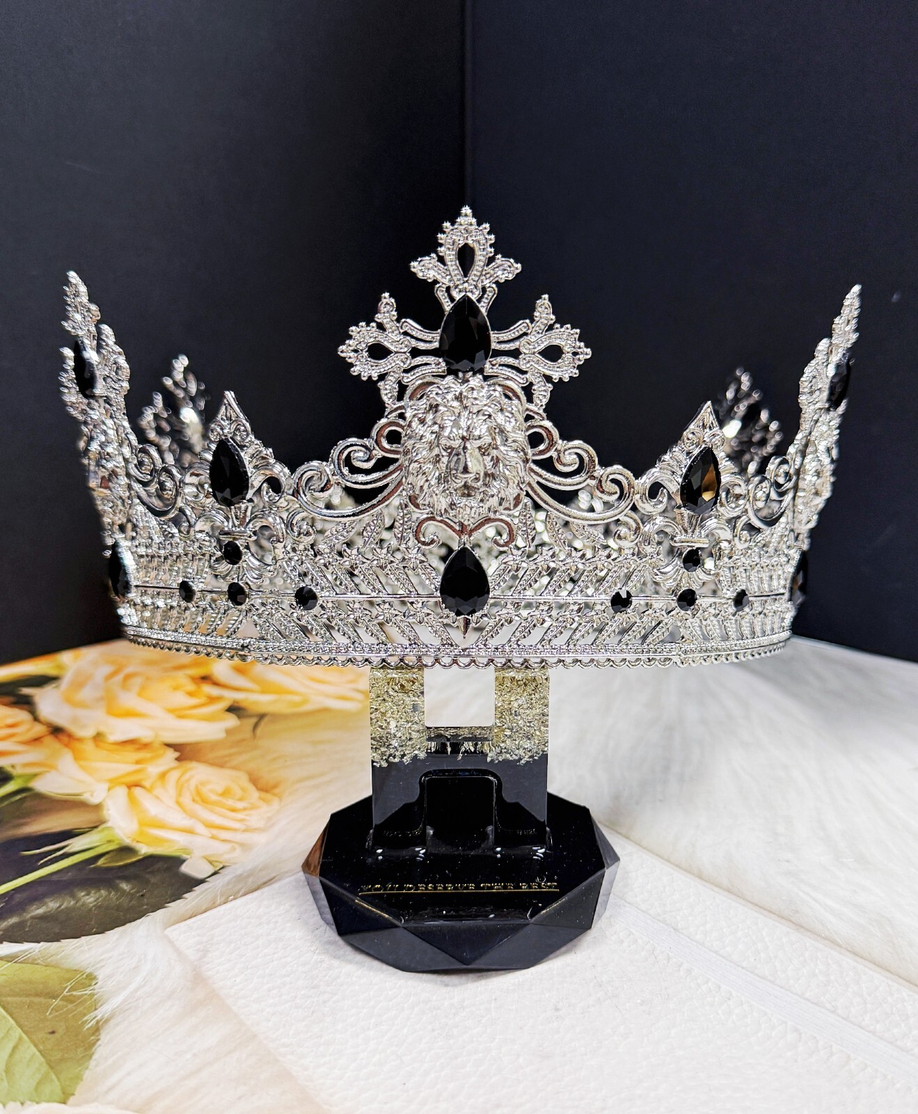 Silver Lion King Crown, Prince Wedding Headpiece, Black Crystal Crown for Groom