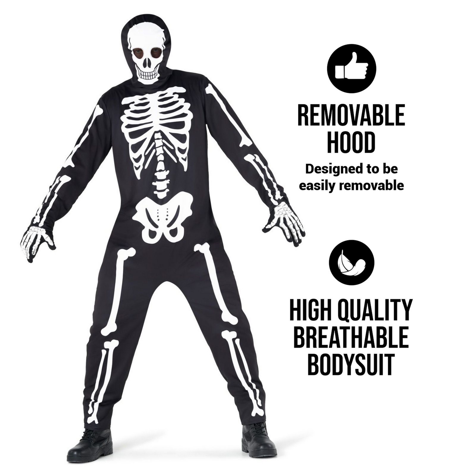 Adult Skeleton Jumpsuit Costume M – XXL Mens Scary Halloween Hooded Bodysuit