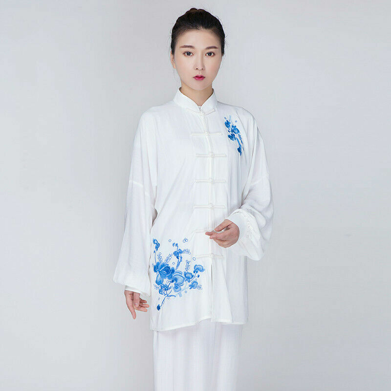 Women Tai Chi Uniform Linen Long Sleeve Embroidery Martial Arts Suit Costume