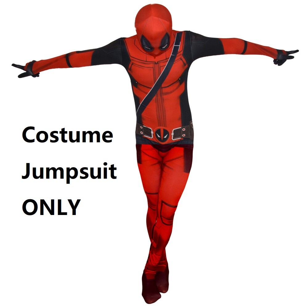 Deadpool Costume Jumpsuit + Dual Swords w/Harness Holder for Halloween Cosplay