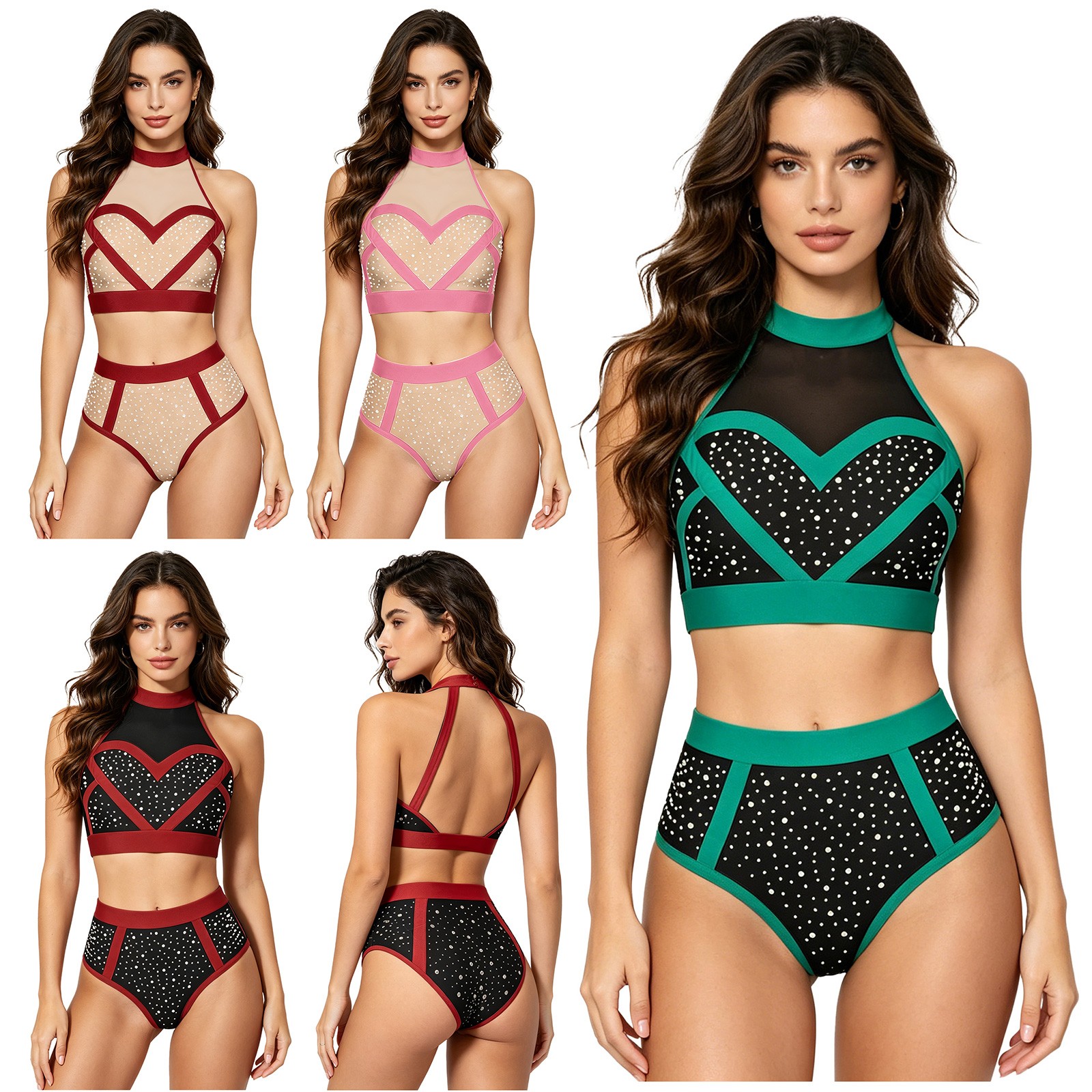 Womens Aerial Dance Halter Top with Panty Set Sparkly Rhinestones Clubwear Suit
