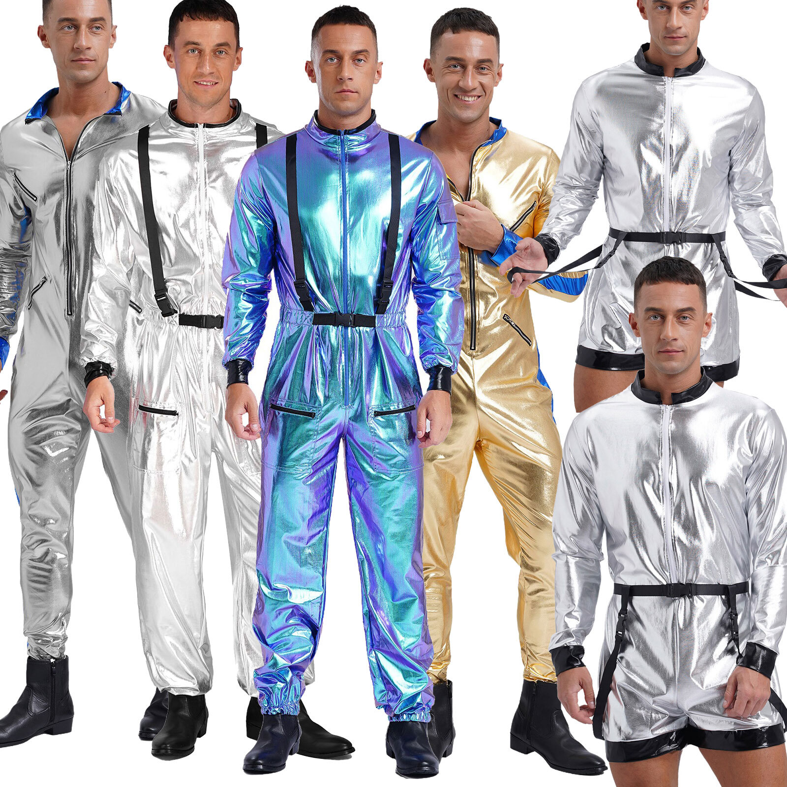 US Mens Shiny Astronaut Space Suit Costume Halloween Space Cosplay Jumpsuit