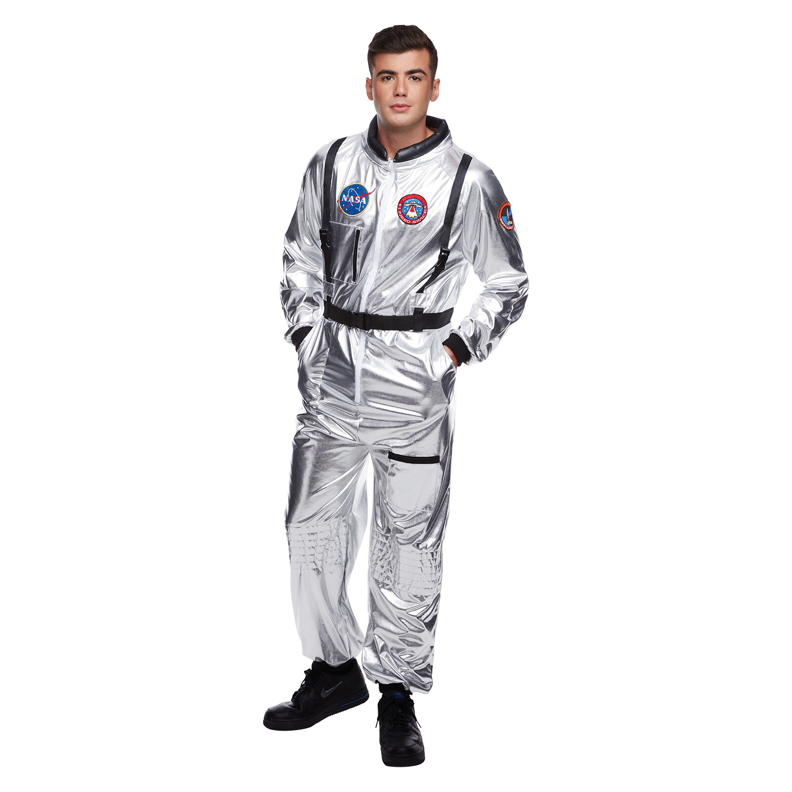 Men`s Silver Astronaut Costume Adult NASA Spaceman Uniform Space Suit Halloween