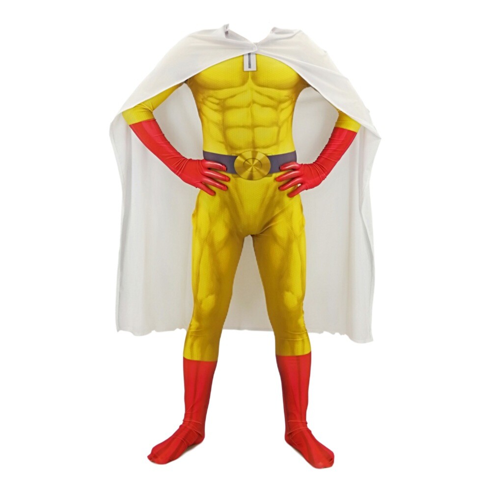 ONE PUNCH-MAN Jumpsuit Saitama Cosplay Costume Bodysuit Halloween Zentai Cloak