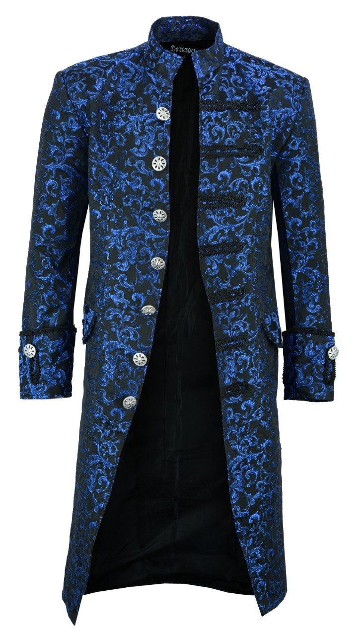 Renaissance Men’s Blue Brocade Goth Steampunk Victorian Velvet Frock Coat/USA