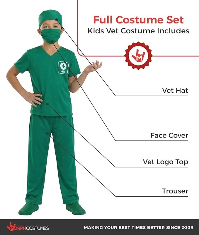 Kids Vet Costume S-XL Boys Girls Green Animal Doctor Scrubs Uniform Halloween