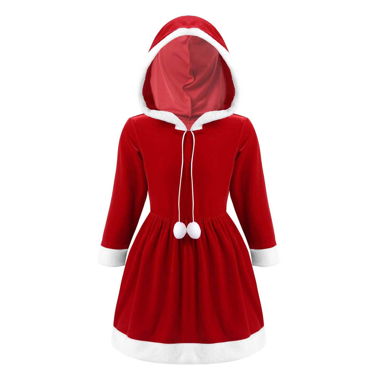 US Kids Girl’s Christmas Hoodie Dress Santa Claus Tutu Dress Velvet Hooded Dress