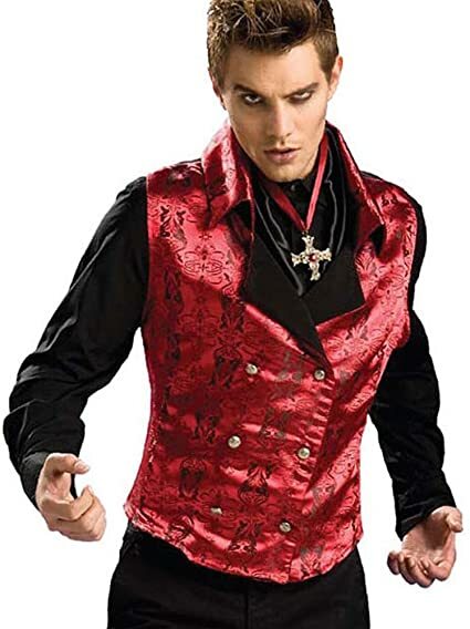 Victorian/Gothic Vest Full Back Red Brocade/Blk Poly Satin Double Breasted Vest