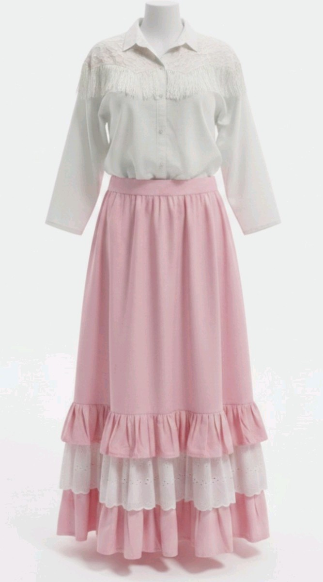 FRONTIER CLASSIC LONG RUFFLED WESTERN SKIRT & TASSLED SHIRT SIZE US 7