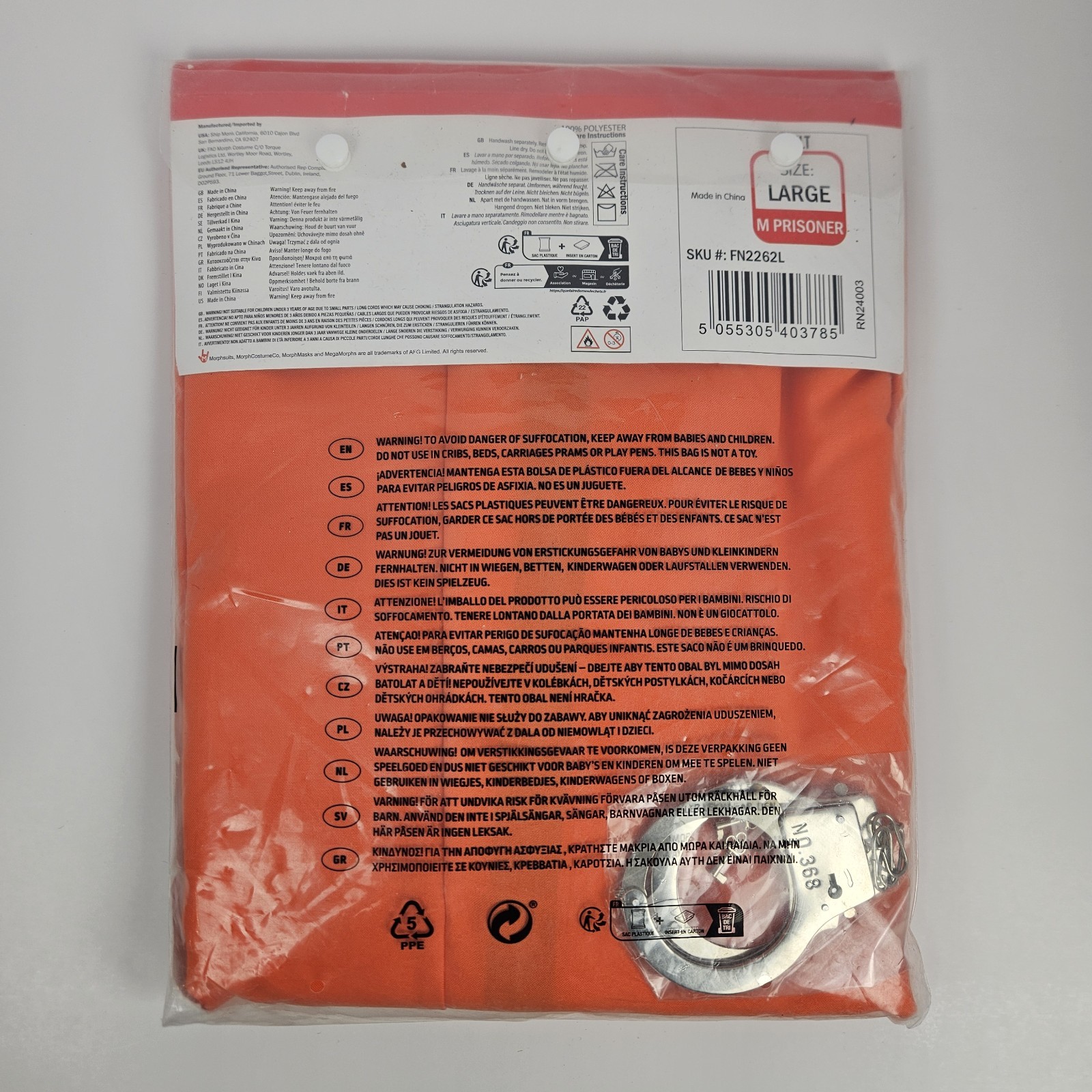 Morph Costumes Men’s Large Orange Prisoner Adult Convict Jail Jumpsuit/Handcuffs
