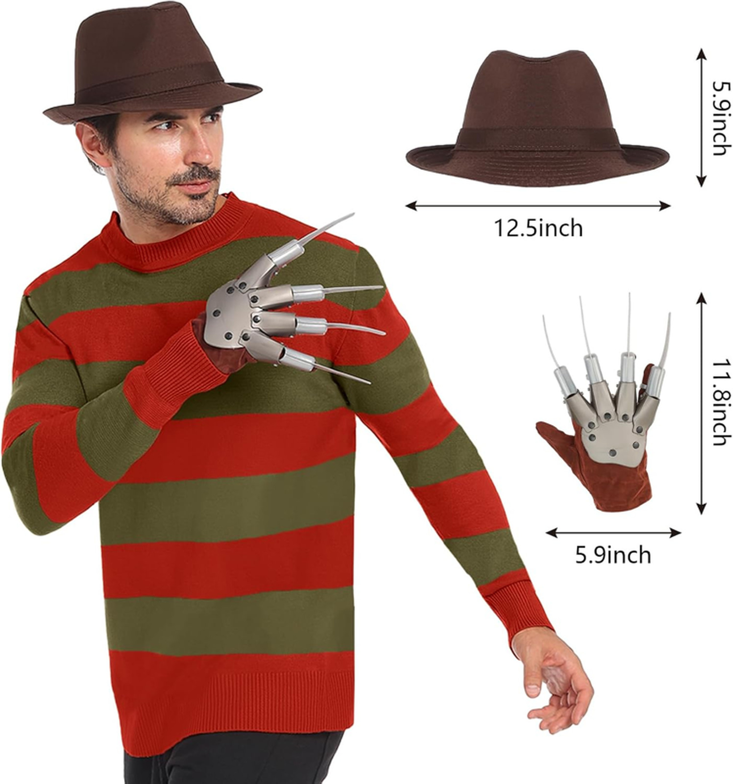 3PCS Horror Red and Green Striped Knitted Sweater Men’s Costume with Brown Hat