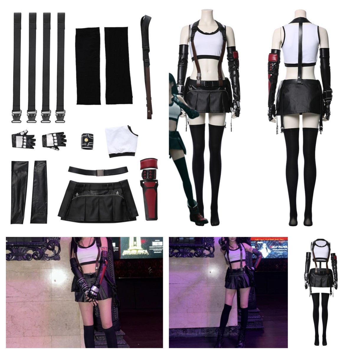 New Tifa Lockhart Cosplay Costume Halloween Tifa Black Sexy Skirt Vest fullset