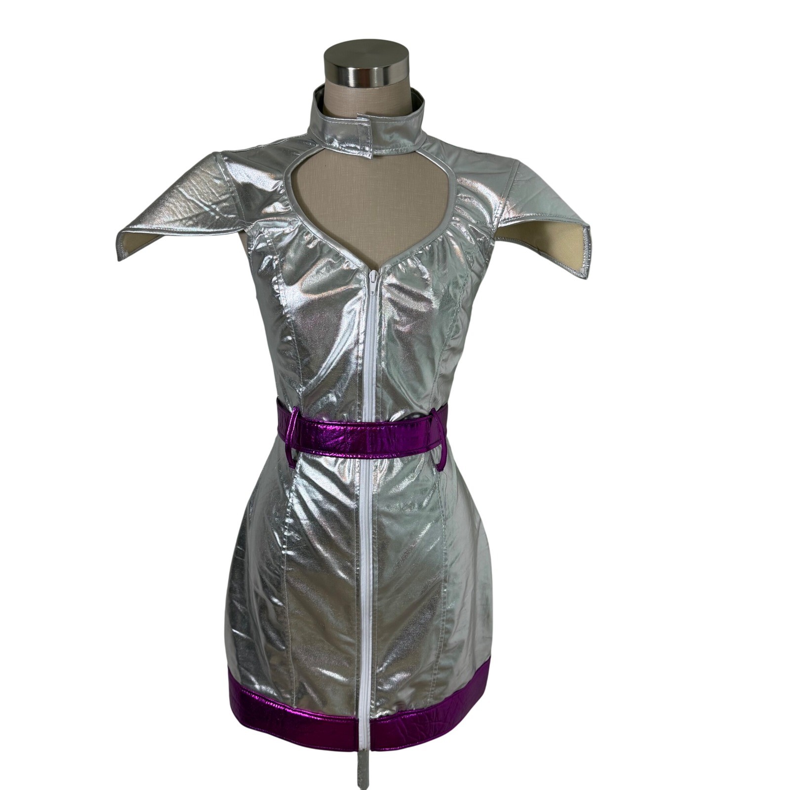 Women’s Silver Metallic Space Girl Costume Dress Purple Trim Front ZipSmall