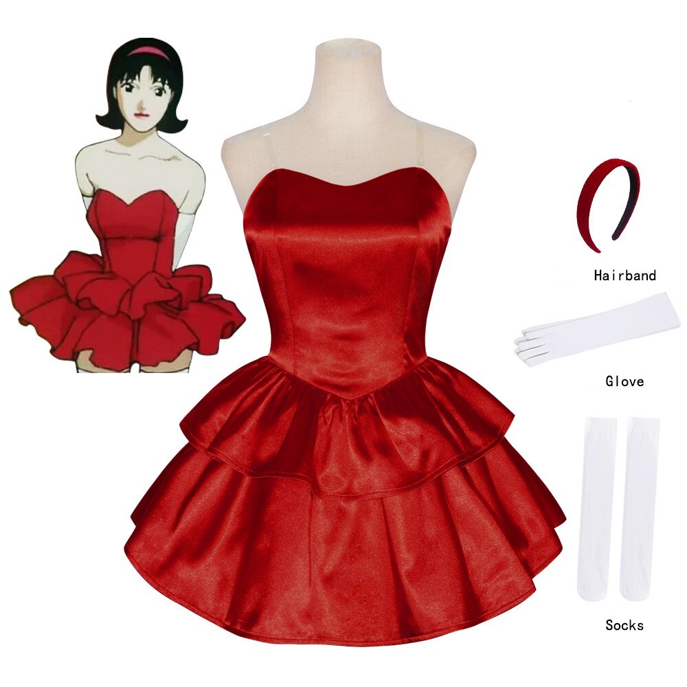Perfect Blue Cosplay Mima Costume Red Strapless Dress Headband Pink Dress Wig