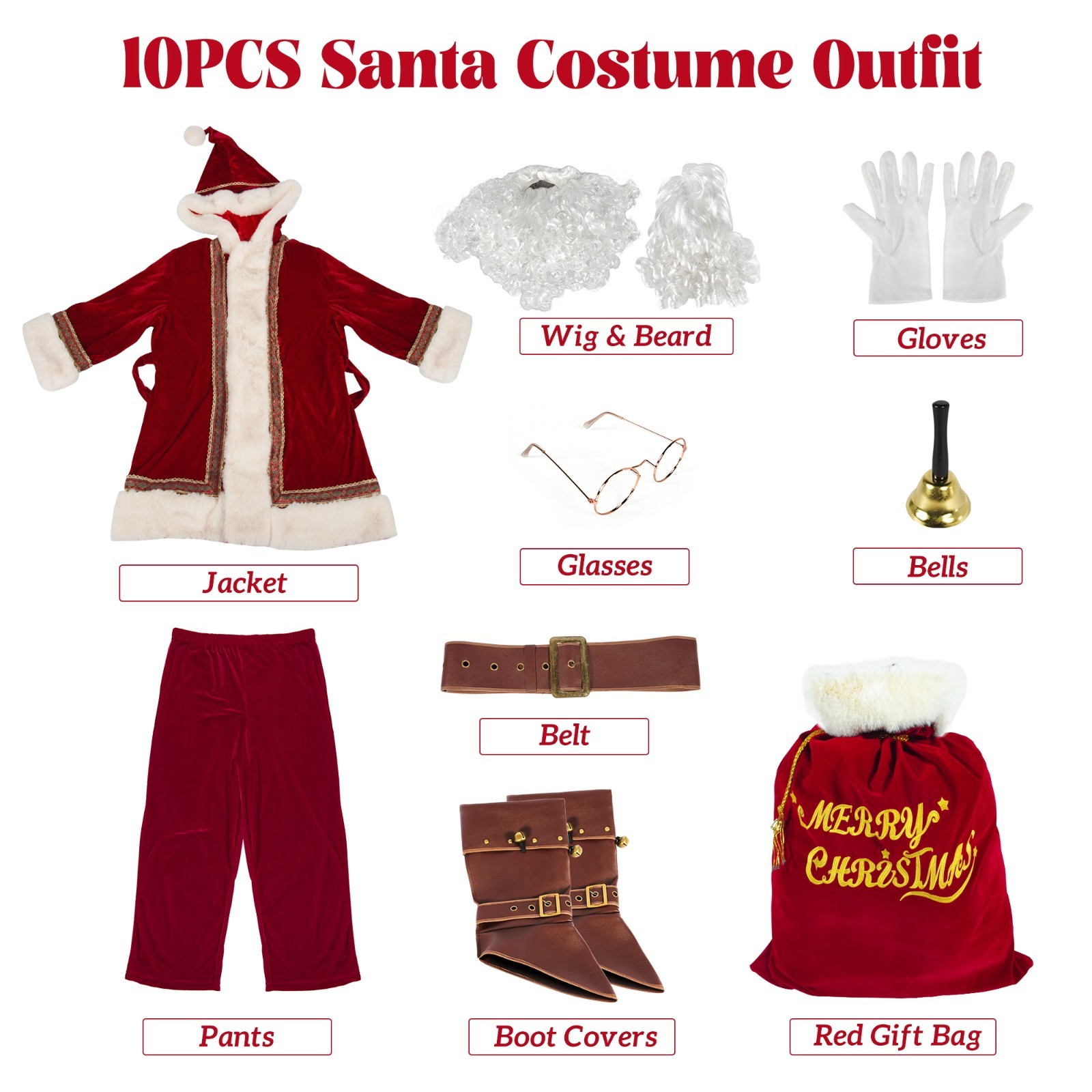 Santa Claus Costume for 10pcs Men Deluxe Professional Santa Suit Adults Set