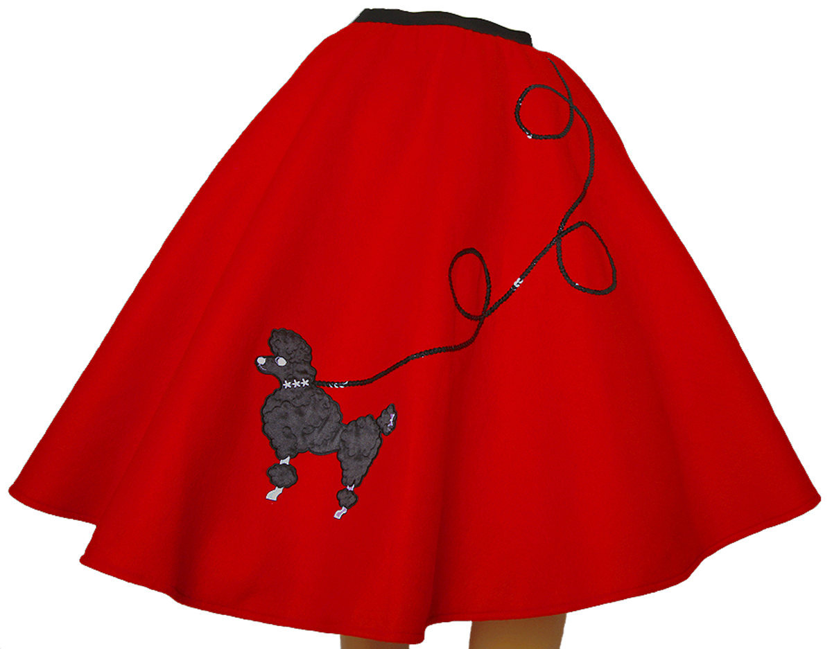 Red FELT Poodle Skirt _ Adult Size LARGE _ Waist 35″- 42″ _ Length 25″