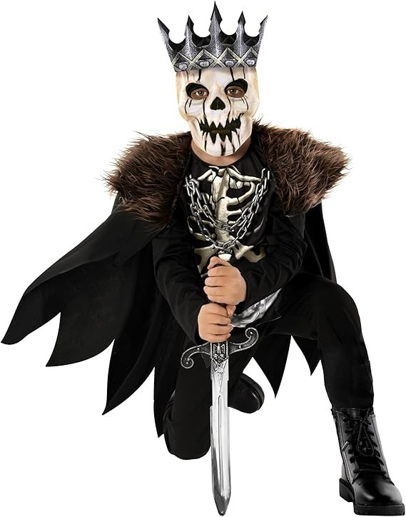 Kids Night King Costume & Mask Boys Scary Dark Skeleton Knight Halloween 7-14 yr