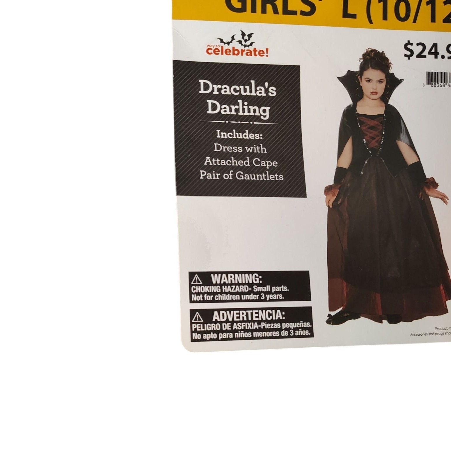 Girls L (10/12) Draculas Darling Dress With Cape Vampire Halloween Costume