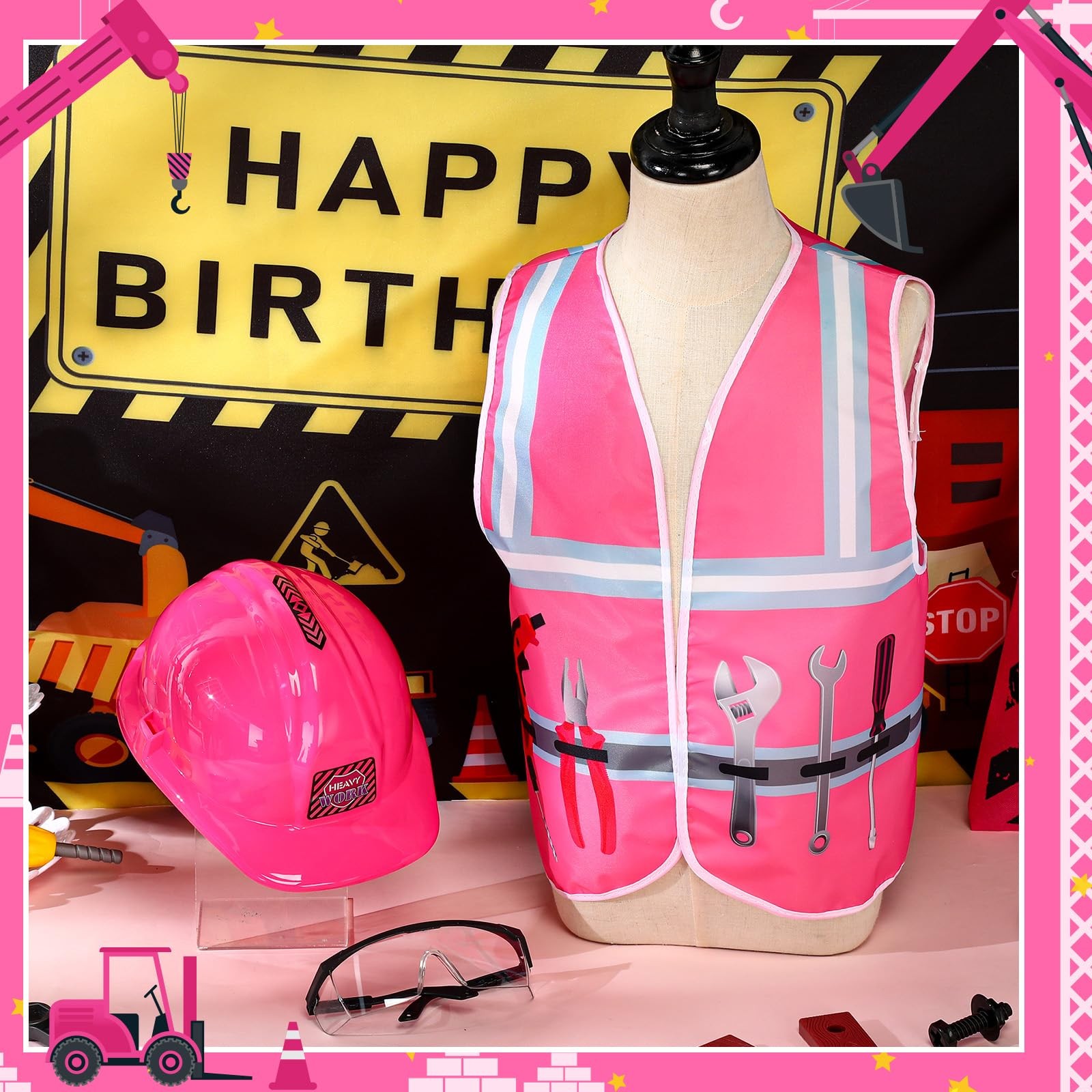 Kids Construction Worker Costume Set Hard Hat Vest Goggles Dress Up Outfit
