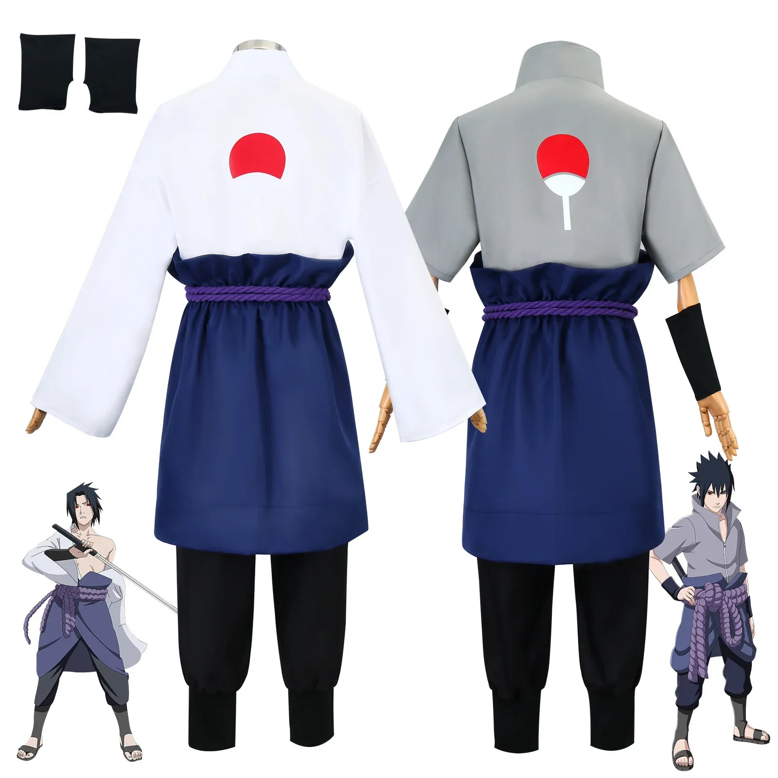 Naruto: Shippuden Uchiha Sasuke White Gray Cosplay Costume Set Anime Ninja Suit