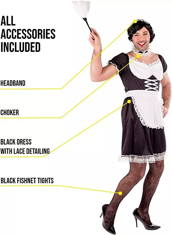 Mens Funny Black French Maid Costume M-XL Adult Male Drag Queen Halloween