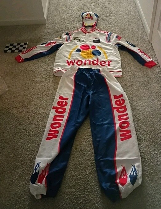 Adult Ricky Bobby Racing Costume Jumpsuit Cap Flag Full Suit Set Men Medium