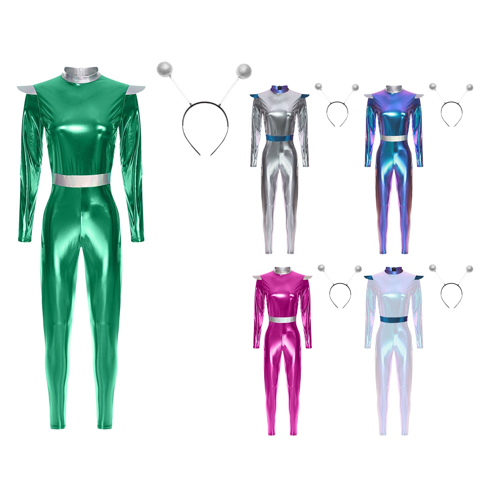 US Women Shiny Metallic Alien Astronaut Costume Unitard Jumpsuit With Headwear