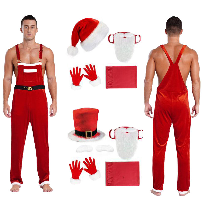 Men Costumes Christmas Outfits Loose Set Overalls Santa Claus Romper Adjustable