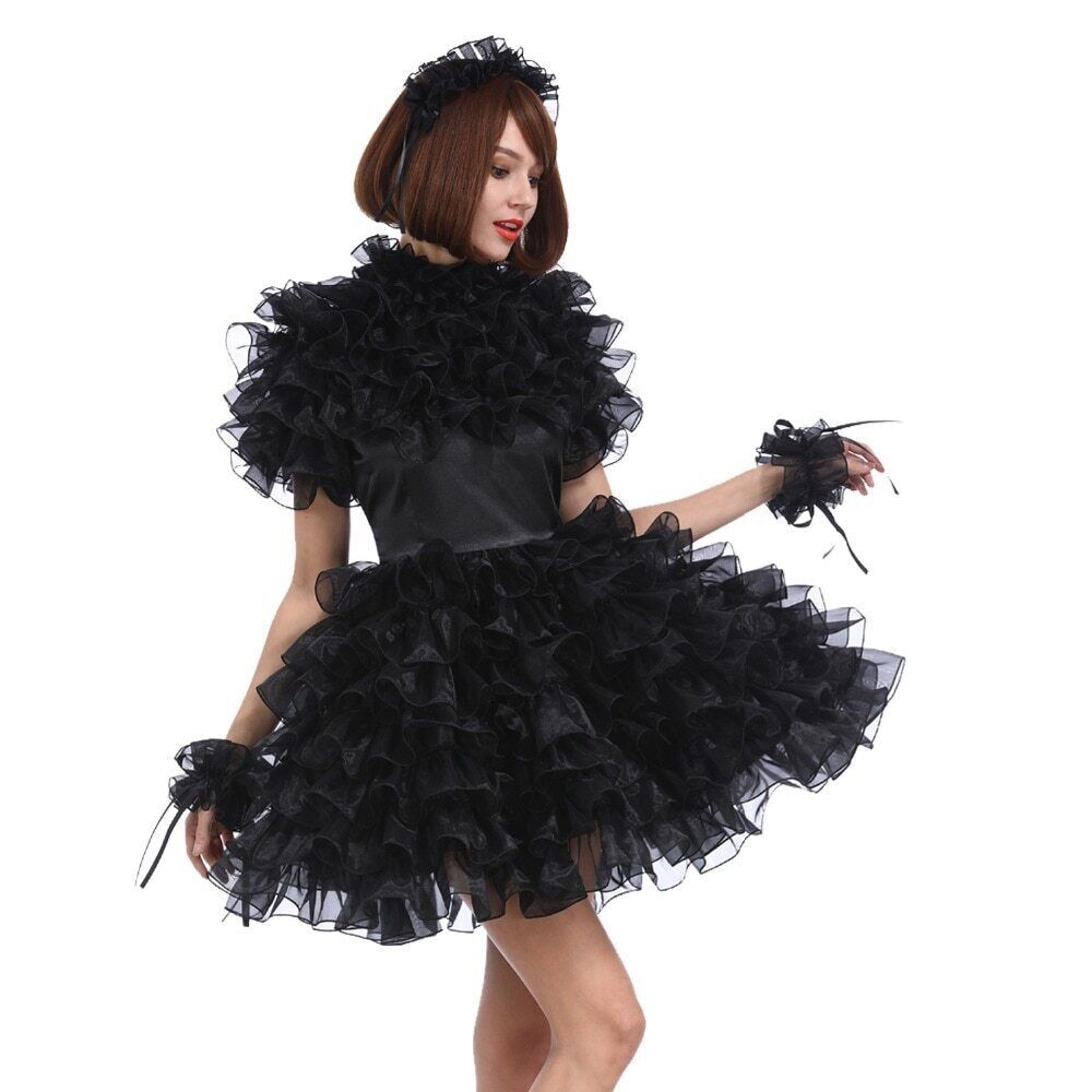 Girl Sissy maid Black satin organza lockable dress Cosplay Costume Tailor-made