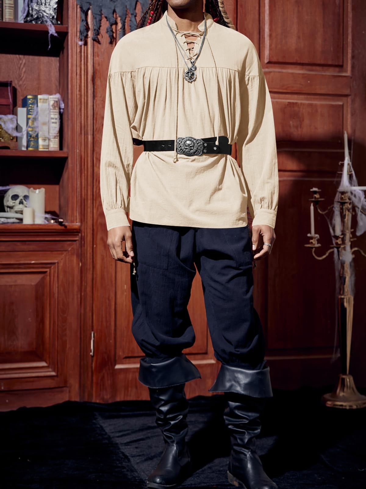 Mens Medieval Pirate Shirt Steampunk Viking Renaissance Long Sleeve Lace Up S…
