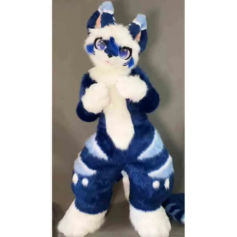 Blue Eyes Fursuit Long Haired Husky Cat Dog Fox Mascot Costume Party Halloween