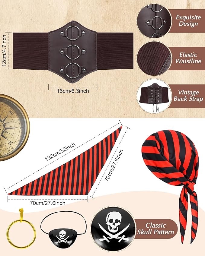 Women Pirate Costume Set – Renaissance Adult Costume With Head Scarf Hat XXL