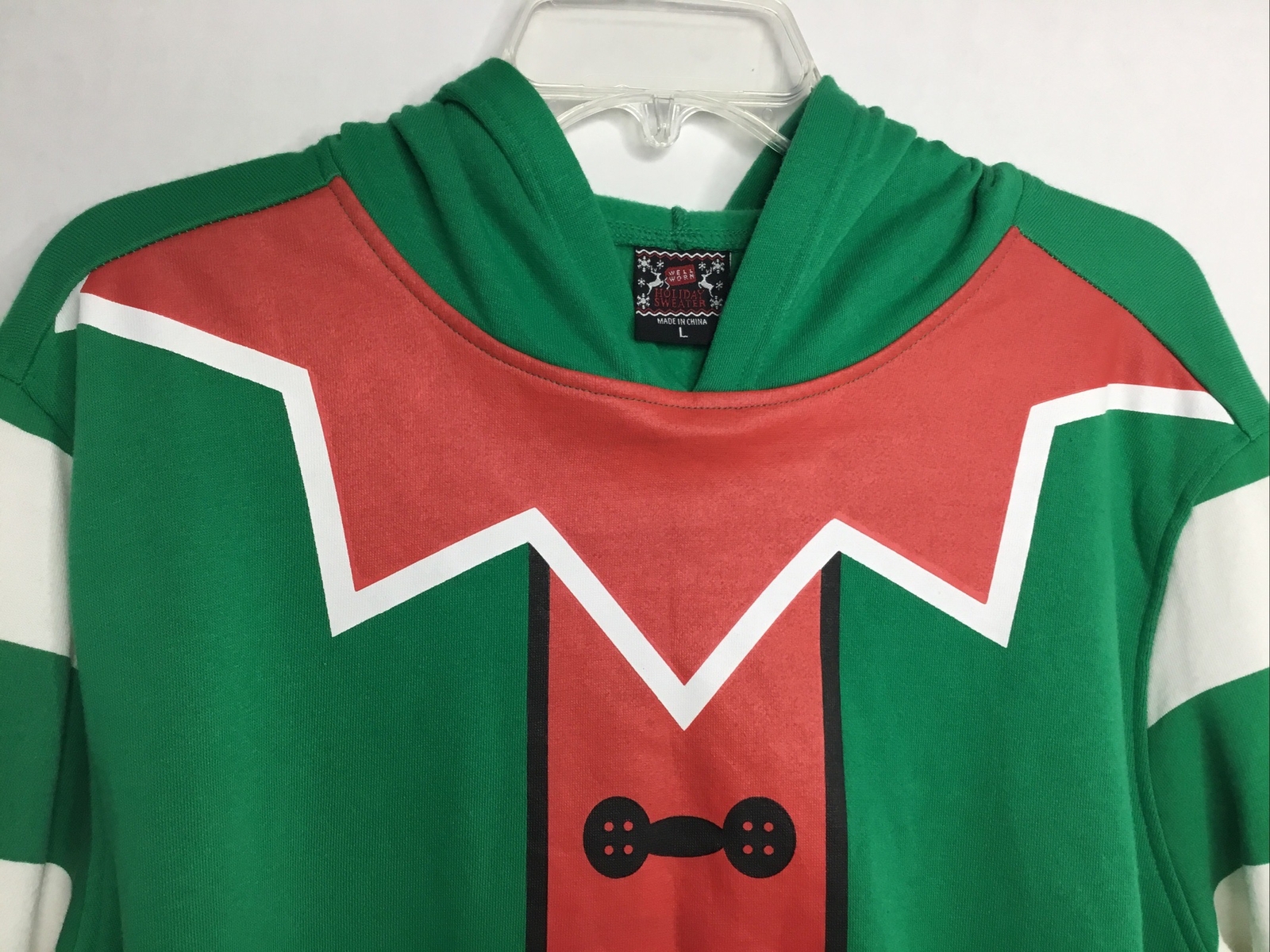 Christmas Hoodie Sweater Green Elf Overall Print Pullover Size L By Holiday