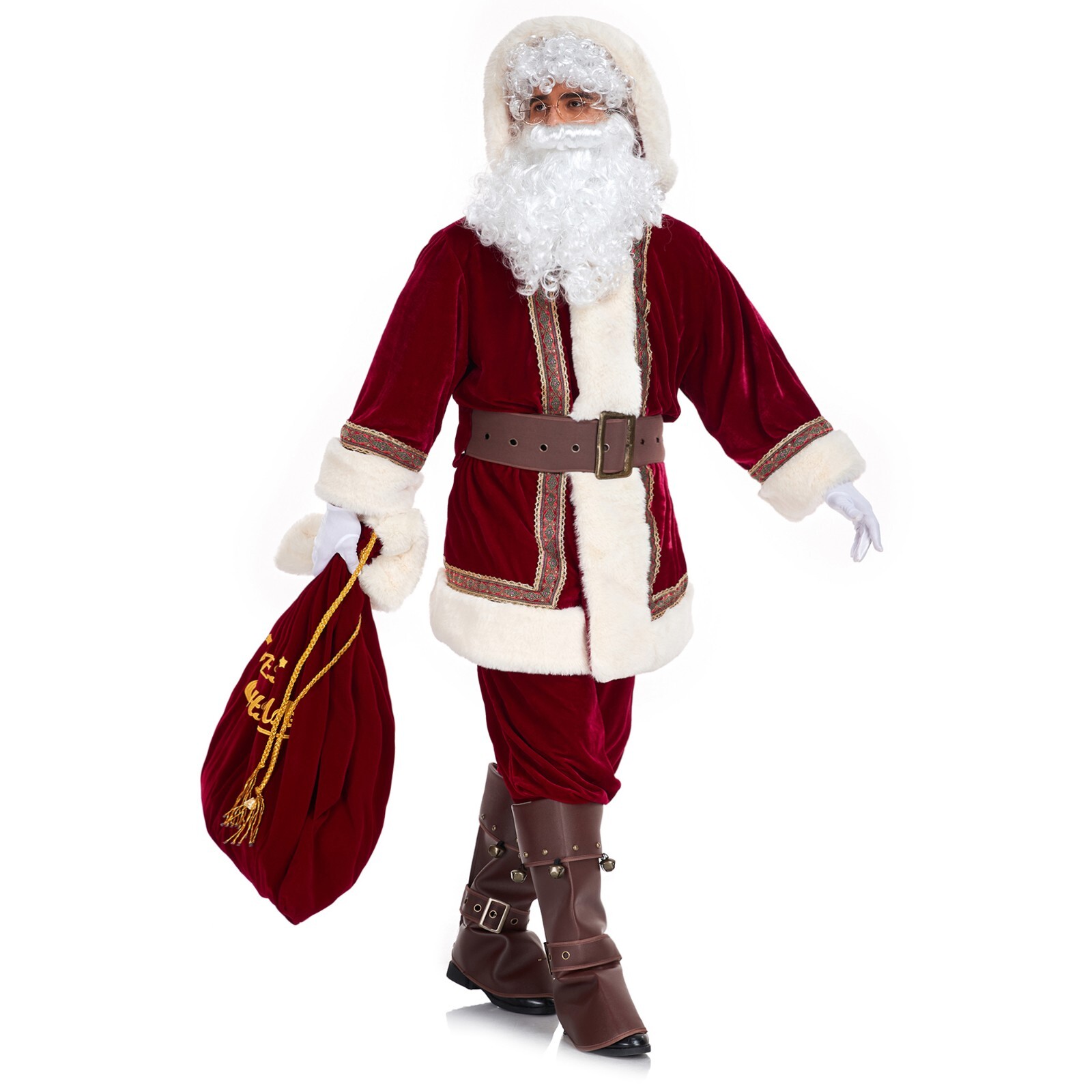 Men’s Santa Claus Costume 10PCS. Christmas Velvet Hooded Adult Deluxe Santa Suit