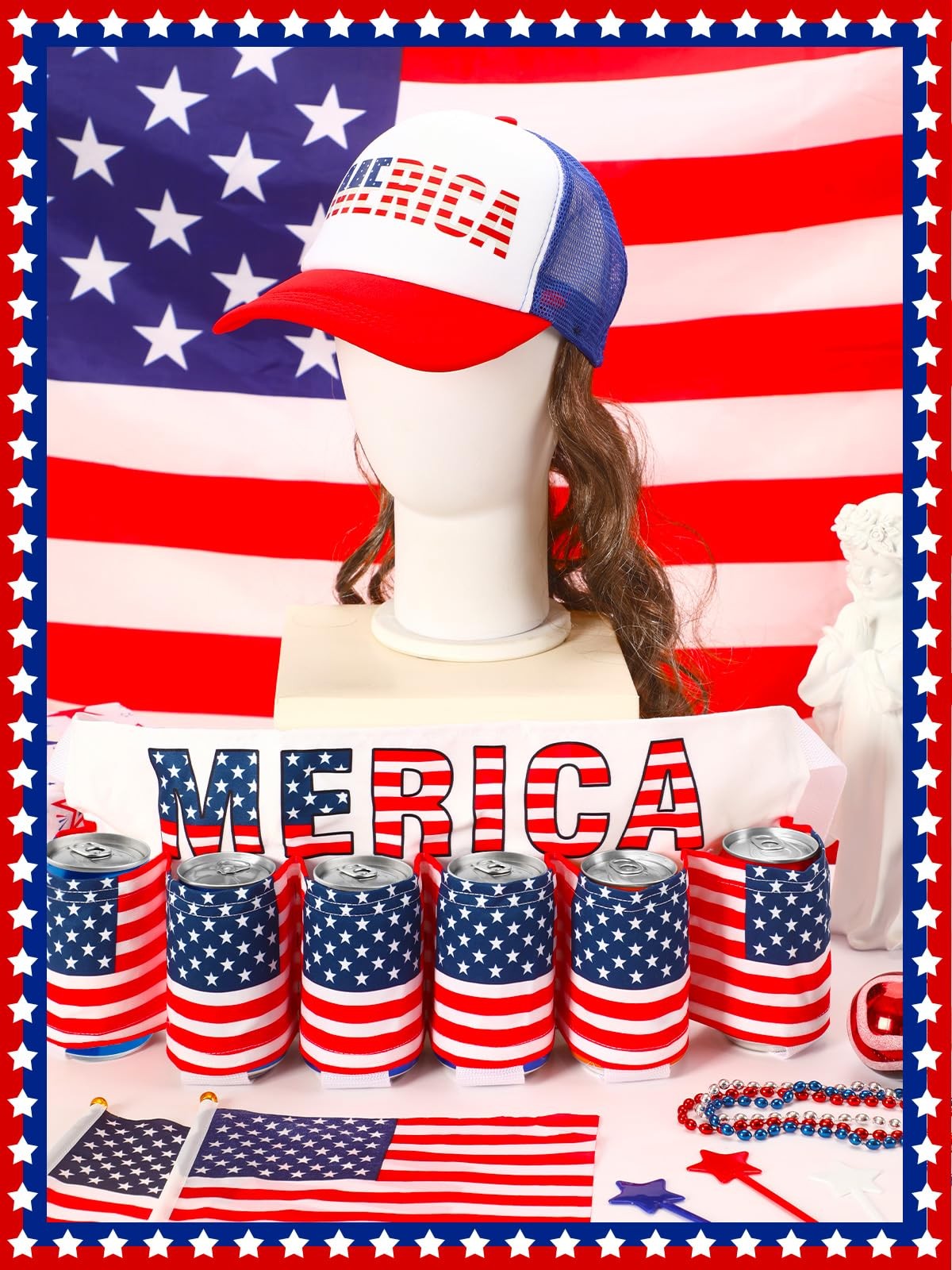 2 PCS 4th of July Patriotic Beverage Beer Belt Holder Mullet Headband Wig