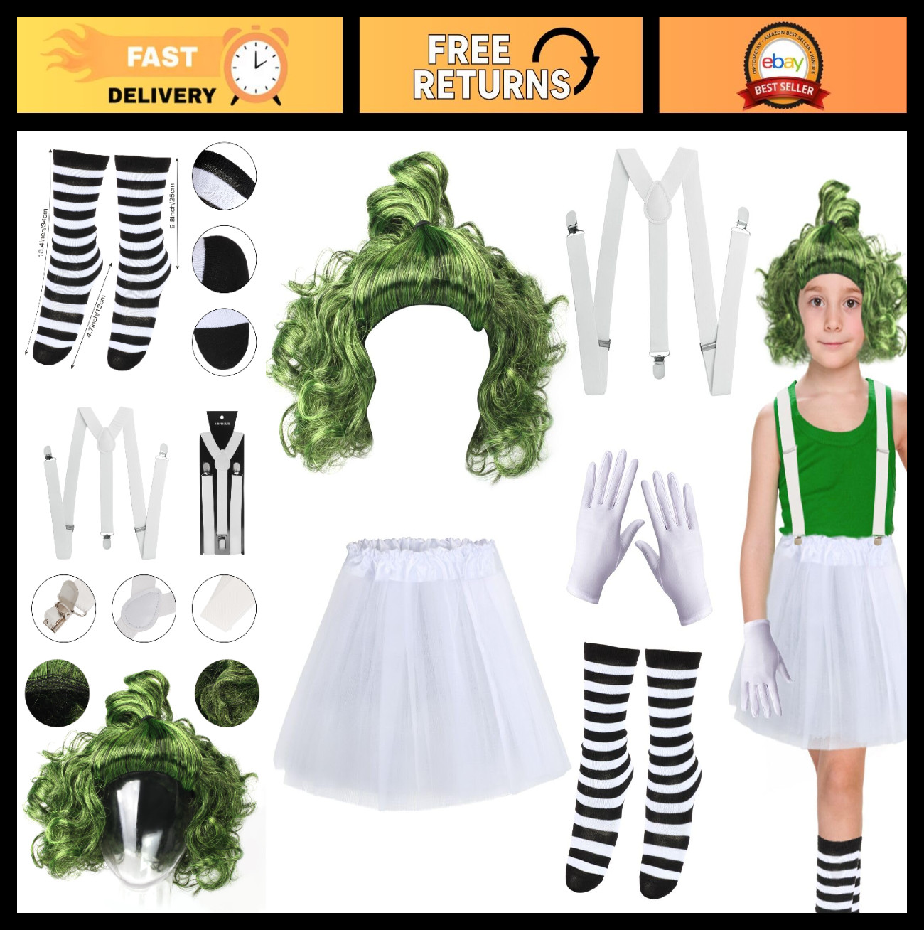 5 Pcs Kids Halloween Green Wig Costume Set – Book Week & Movie Character Accesso