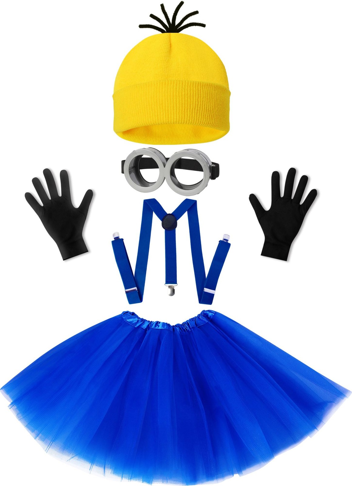 WISHTEN Halloween Costume for Adult Women,Goggles/Yellow Beanie/Blue Dress/Suspe